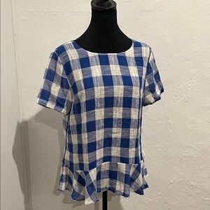 Anthropologie 11.1.Tylho navy and white gingham peplum-style blouse